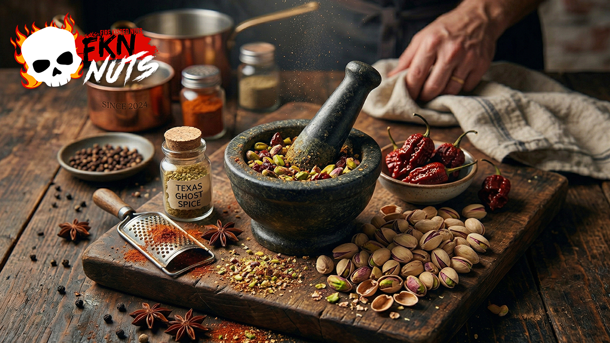 ghost pepper pistachios in a dark bowl with dried ghost pepper