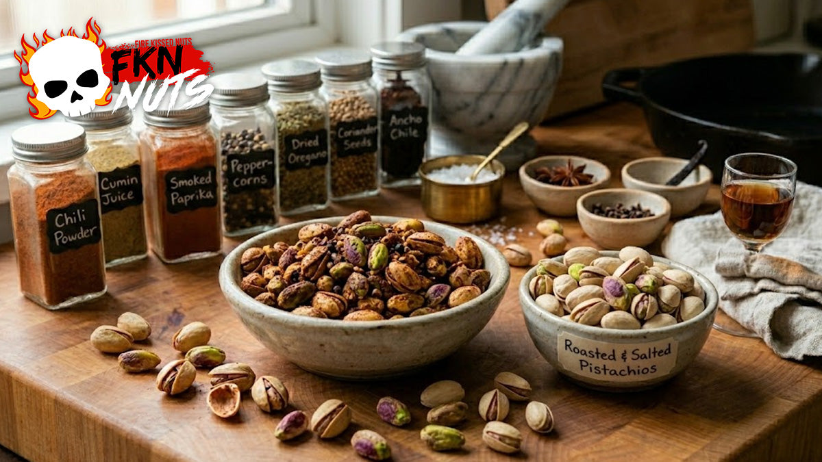 Five small bowls of different flavored in-shell pistachios in an overhead flat lay on dark walnut wood
