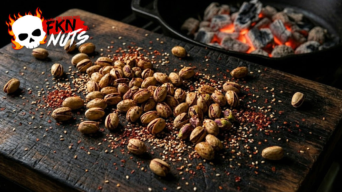 In-shell BBQ pistachios on dark BBQ-stained wood with scattered gochugaru red pepper flakes and sesame seeds, charcoal embers glowing in background