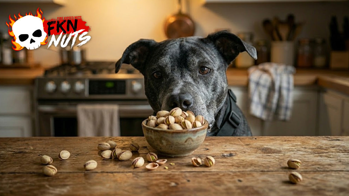 Golden retriever looking at a pile of in-shell pistachios on a wooden kitchen table, warm indoor lighting