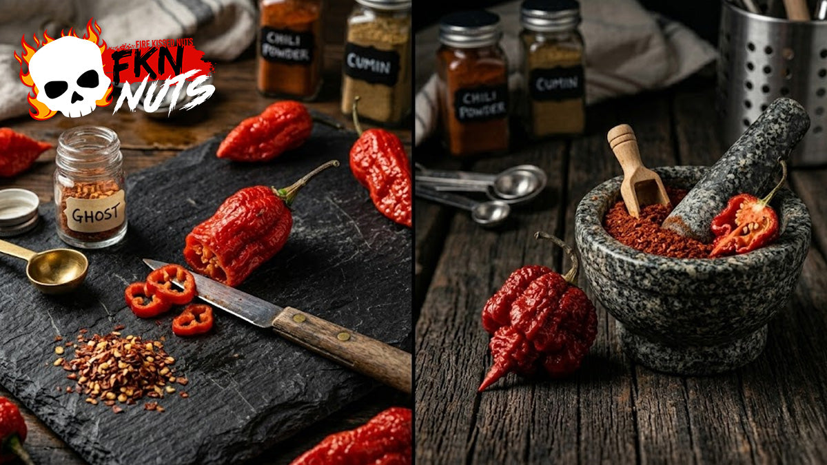 Side by side comparison of a red ghost pepper and a Carolina Reaper on dark slate, dramatic chiaroscuro lighting