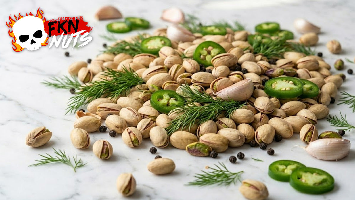 In-shell dill pickle pistachios with fresh dill fronds, sliced jalapeños and black peppercorns on white marble overhead