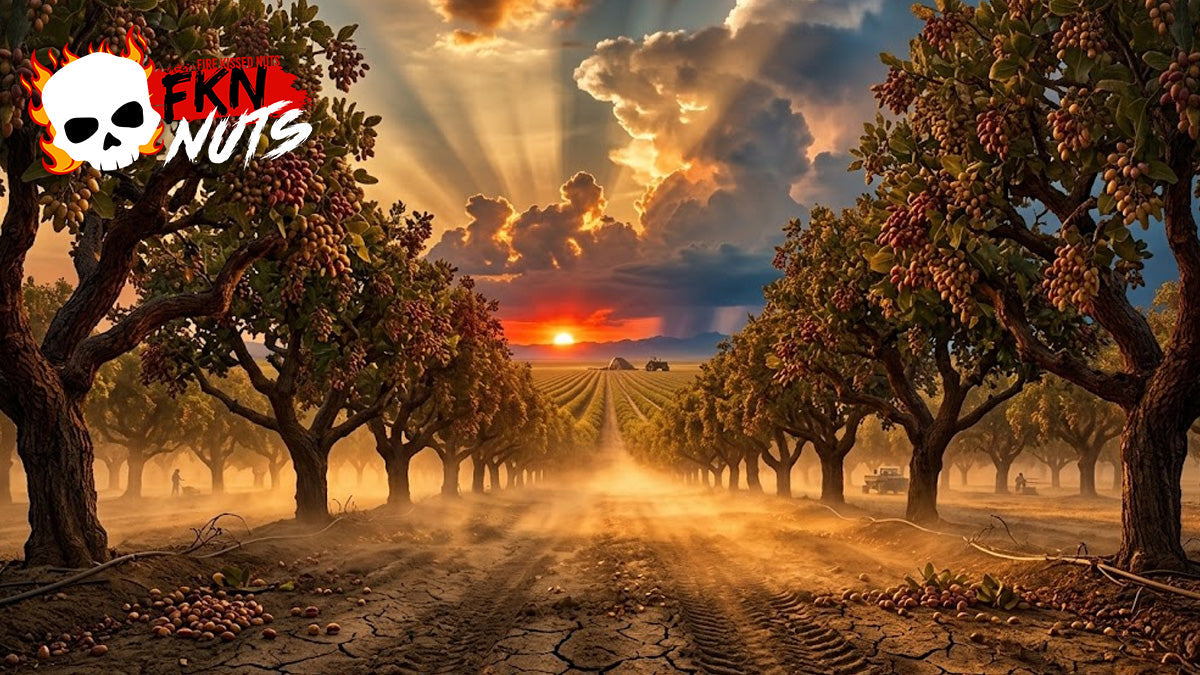 Rows of mature pistachio trees in California Central Valley orchard at golden hour, cinematic agricultural landscape