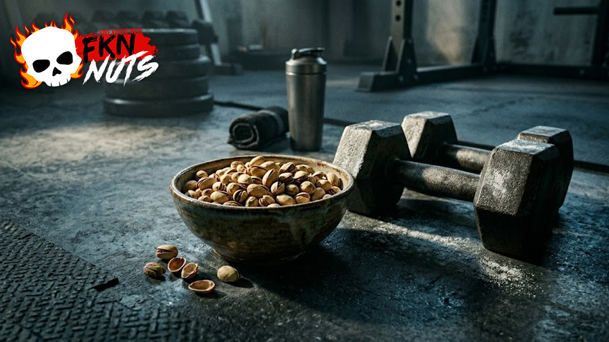 Bowl of in-shell spicy pistachios beside gym dumbbells on dark concrete floor, moody fitness aesthetic
