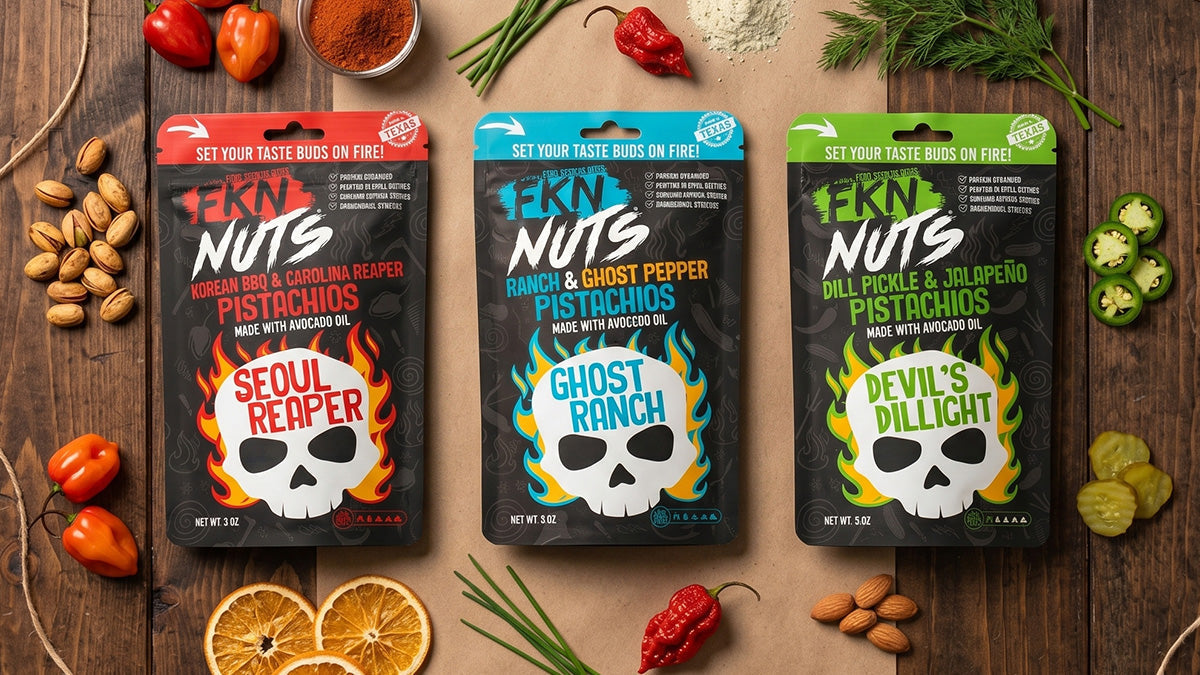 Lineup of spicy snack products including FKN Nuts pistachio bags and dried chili peppers on dark slate