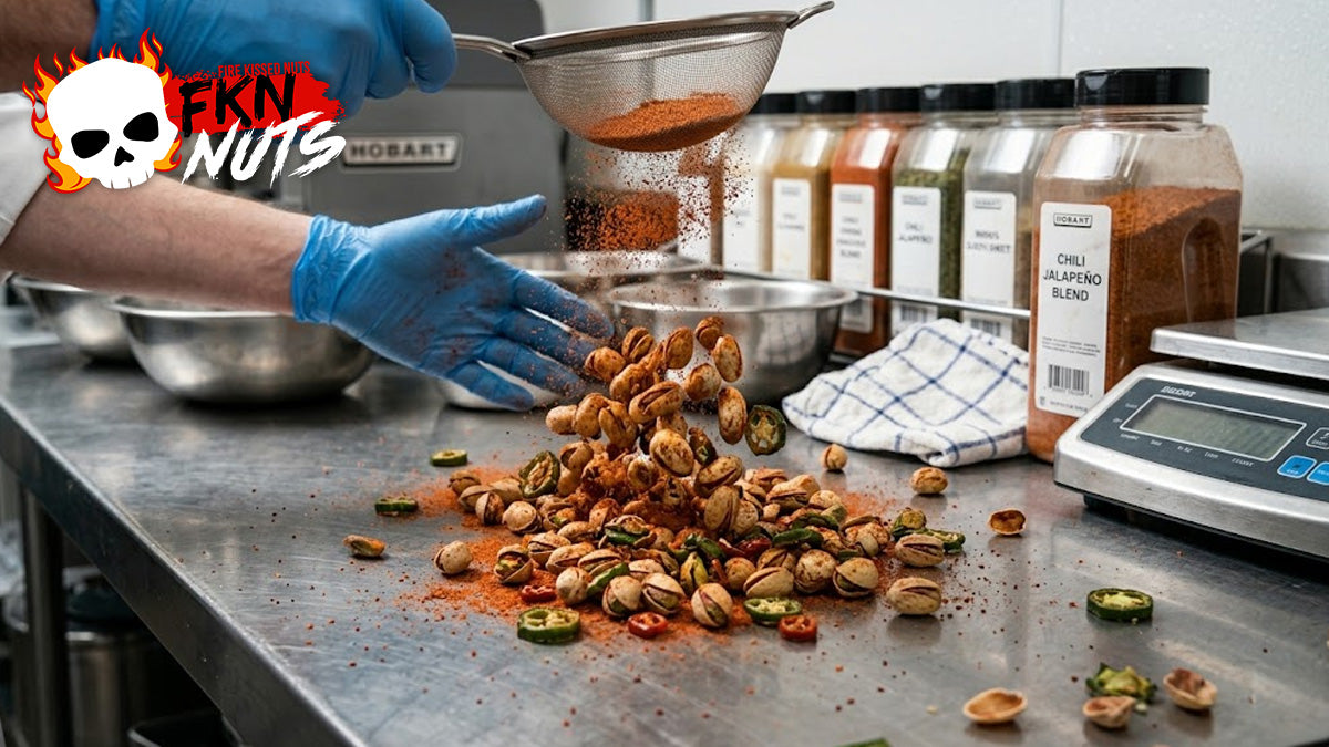 Spicy in-shell pistachios split open with chili and jalapeño seasoning on dark black slate, dramatic lighting