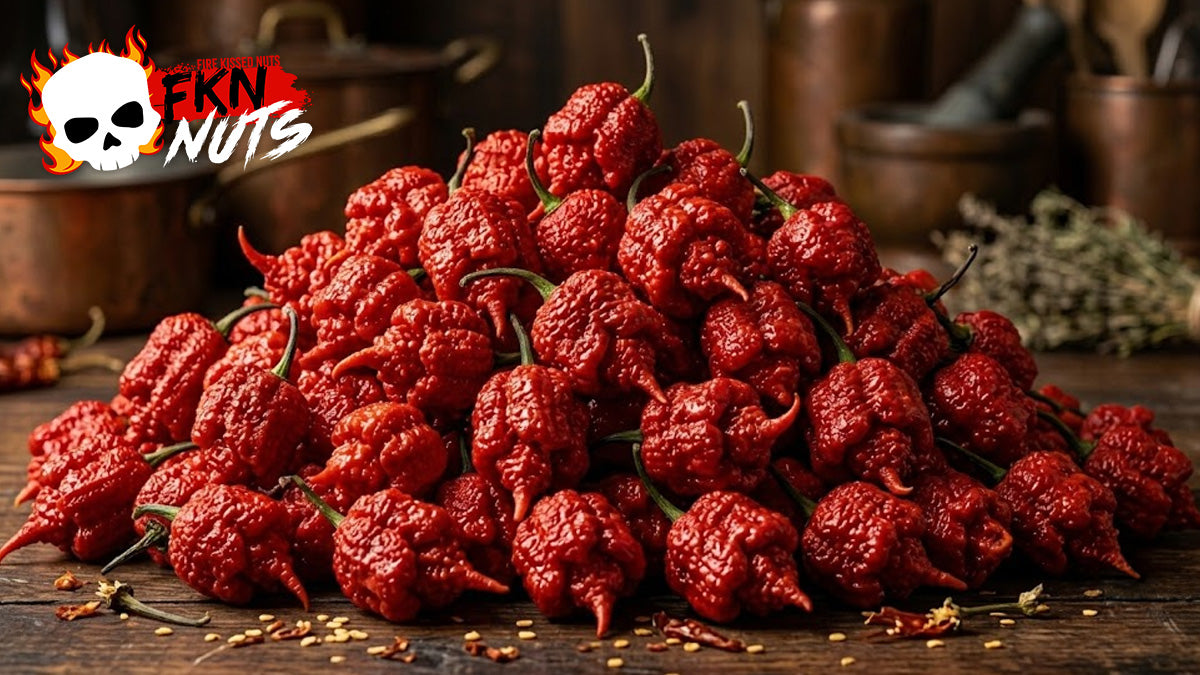 Carolina Reaper pepper showing its distinctive scorpion tail and bumpy red skin