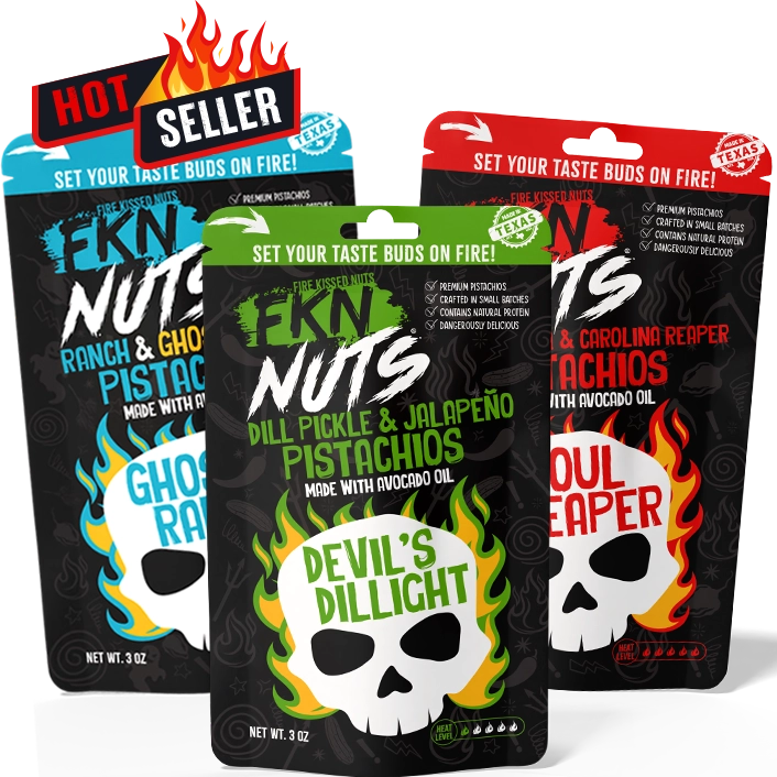 FKN Nuts spicy pistachio variety pack with all three flavors. Dill Pickle Jalapeno, Ghost Pepper Ranch & Carolina Reaper Korean BBQ