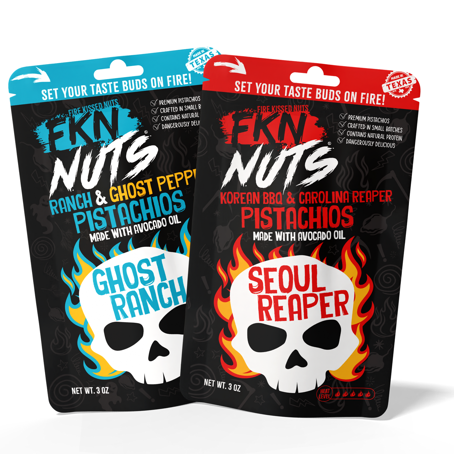 FKN Nuts Heat Seeker Bundle — ghost pepper ranch and Carolina Reaper in-shell spicy pistachio gift bundle