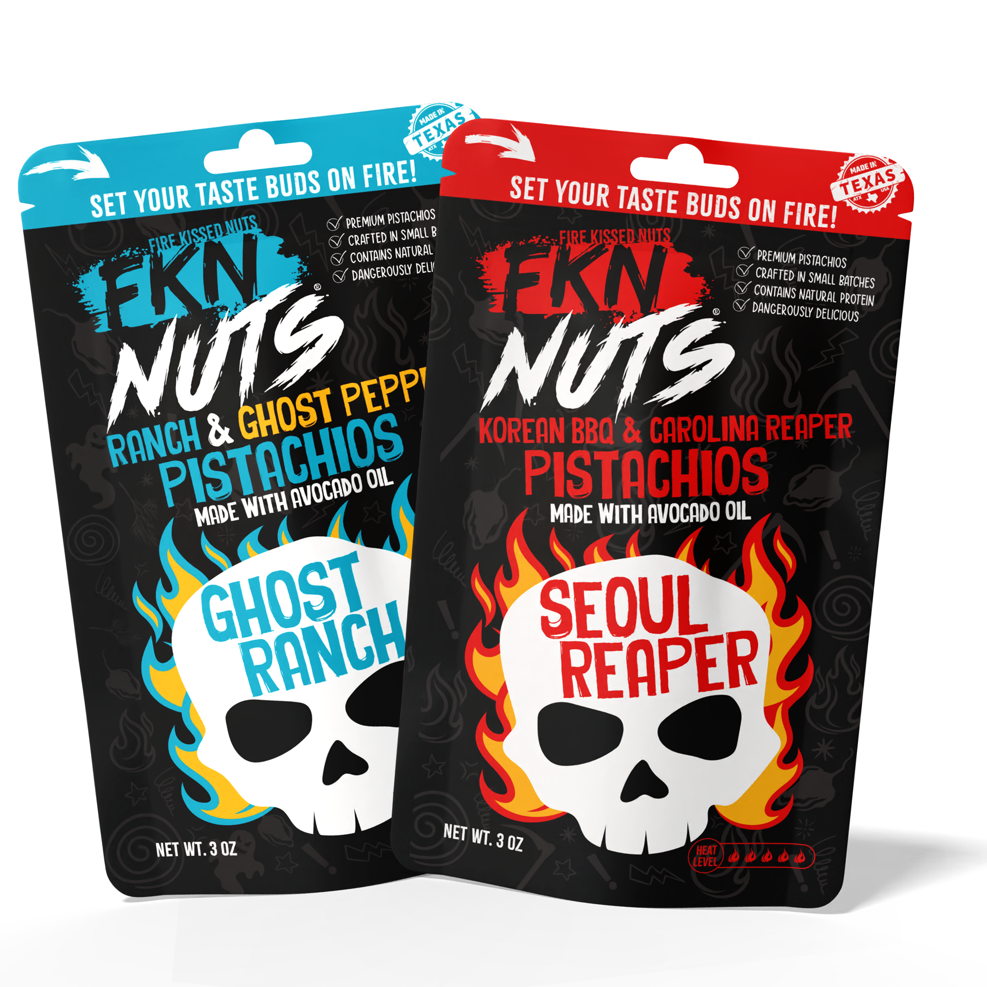 FKN Nuts Heat Seeker Bundle — ghost pepper ranch and Carolina Reaper in-shell spicy pistachio gift bundle