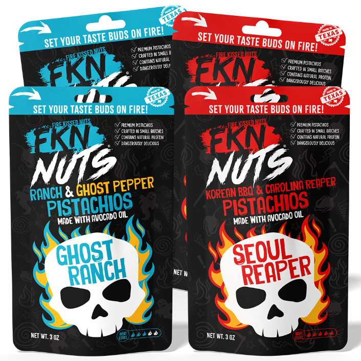 Two packages of FKN Nuts with 'Ghost Ranch' and 'Seoul Reaper' flavors on a white background.