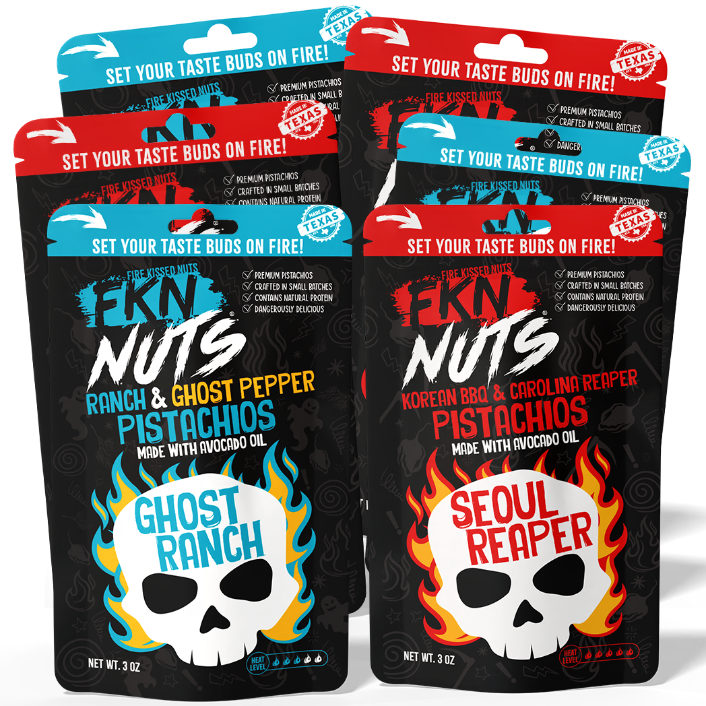 Packages of FKN Nuts with 'Ghost Ranch' and 'Seoul Reaper' flavors on a white background