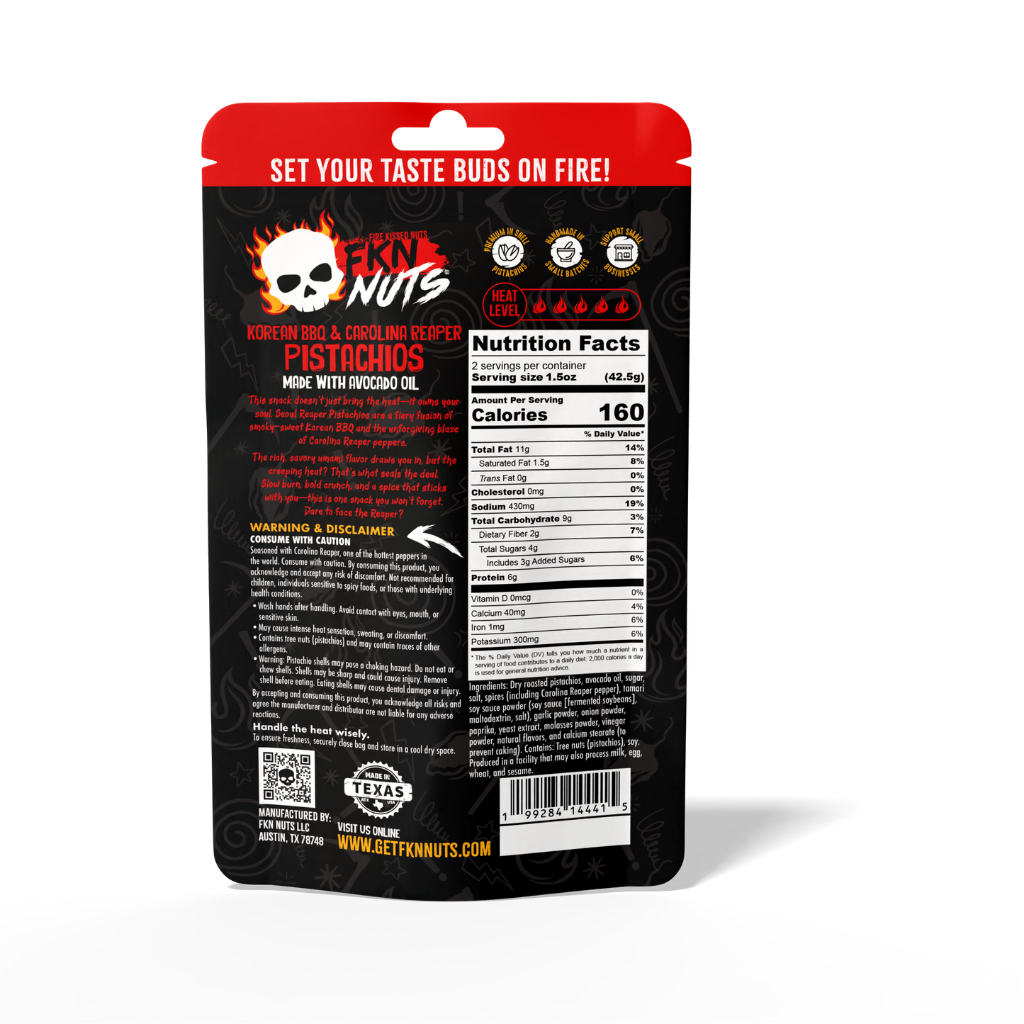 Seoul Reaper Carolina Reaper pistachios nutrition label — 1.6M Scoville spicy pistachio snack by FKN Nuts