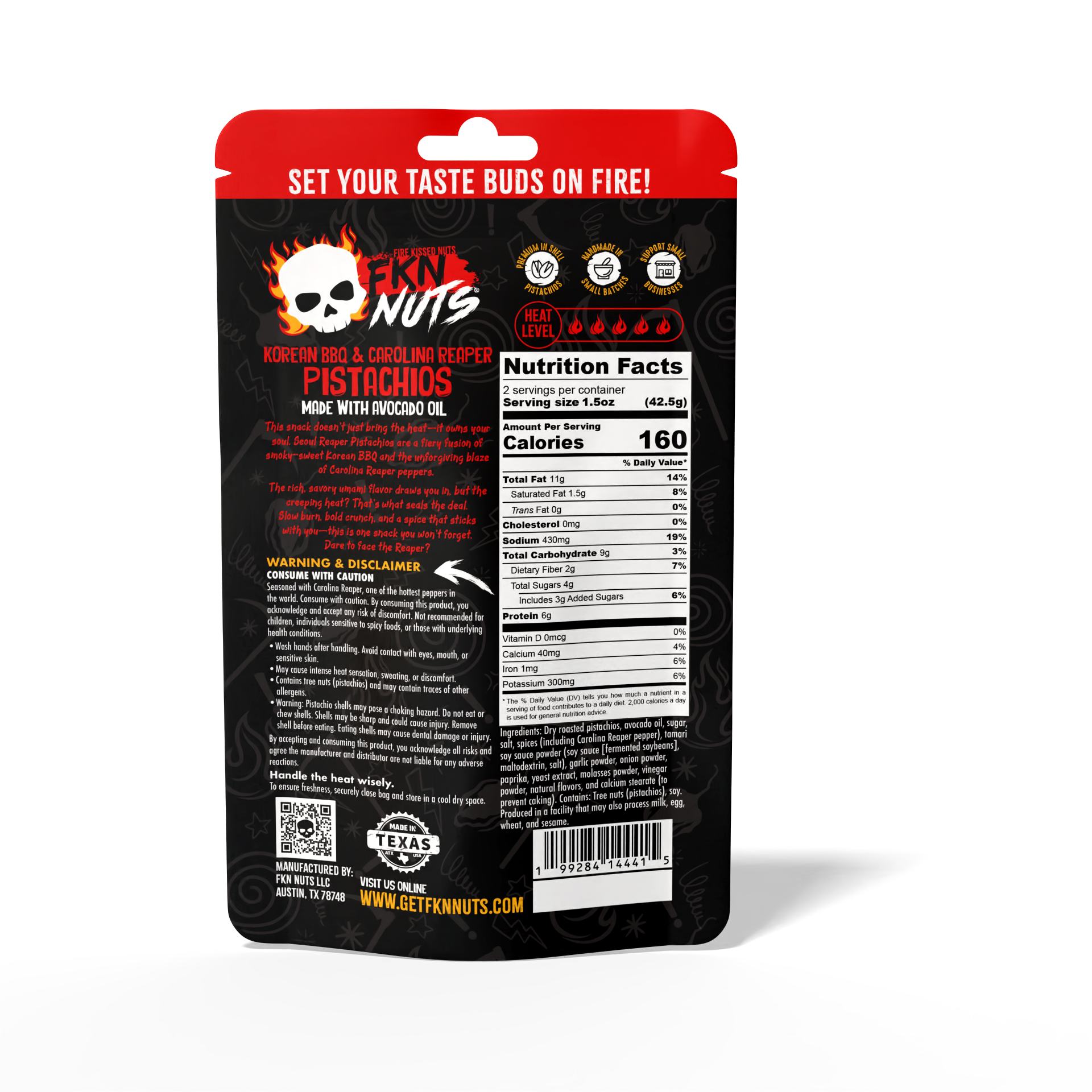 Seoul Reaper Carolina Reaper pistachios nutrition label — 1.6M Scoville spicy pistachio snack by FKN Nuts