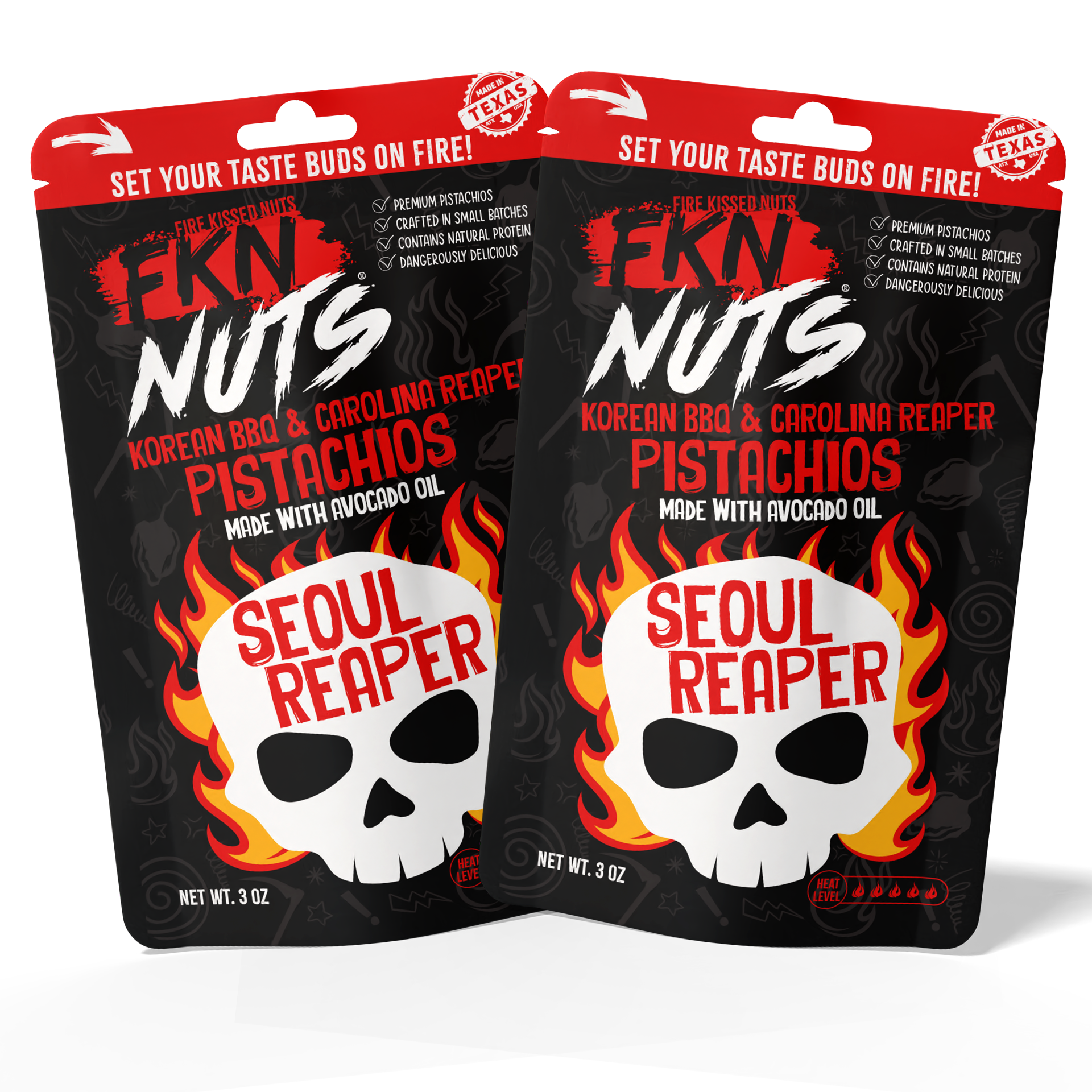 2-bag Carolina Reaper Korean BBQ in-shell spicy pistachio pack — FKN Nuts extreme heat snack