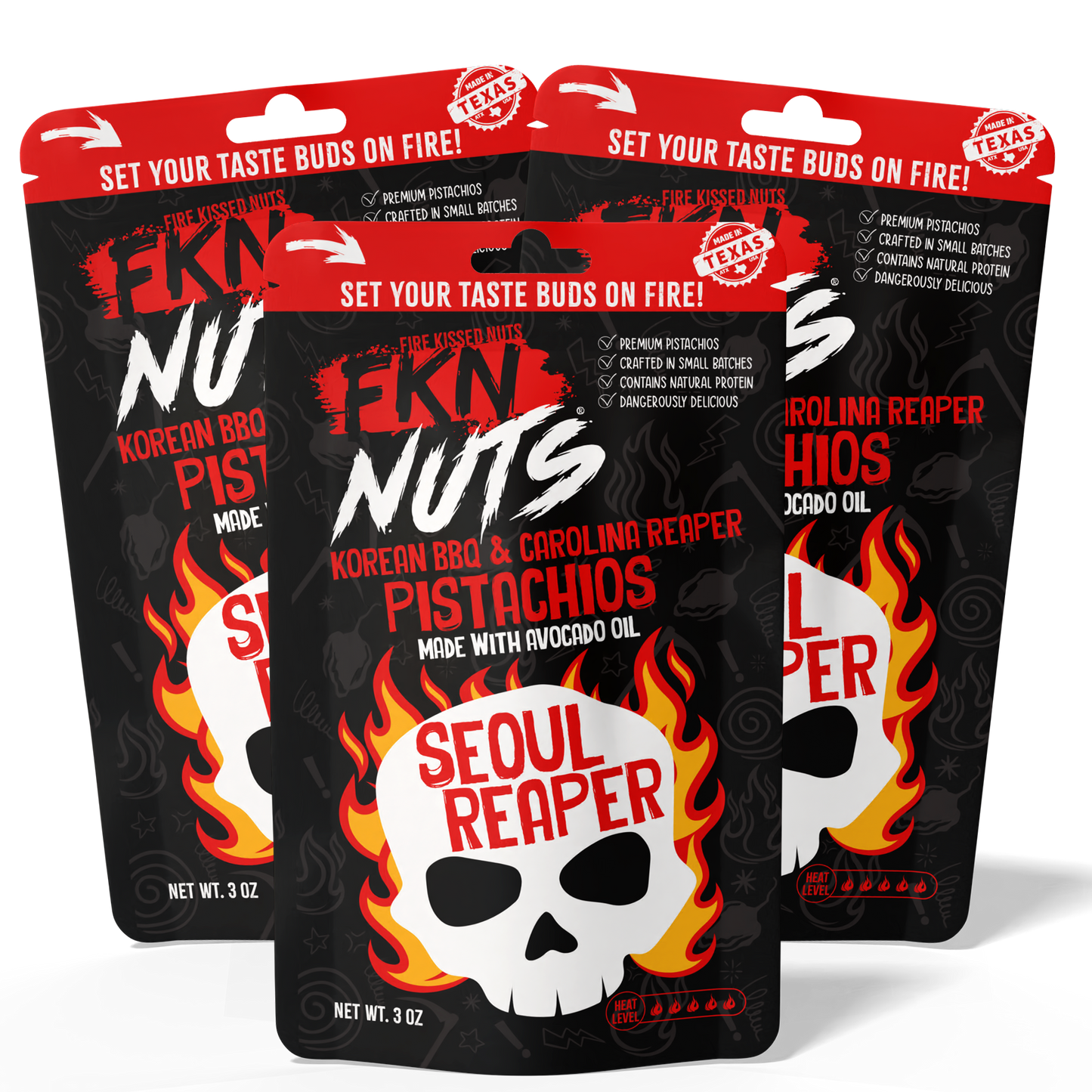 3-bag Seoul Reaper Carolina Reaper Korean BBQ in-shell pistachio value pack — FKN Nuts Texas