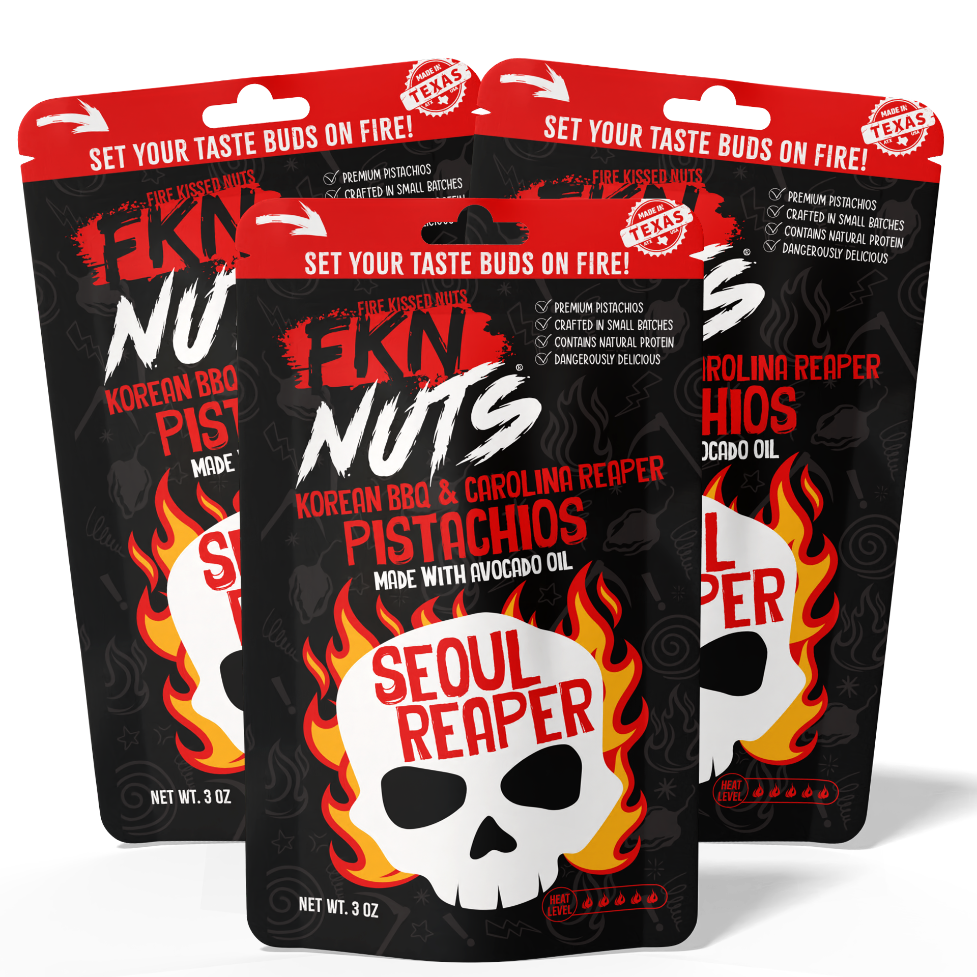 3-bag Seoul Reaper Carolina Reaper Korean BBQ in-shell pistachio value pack — FKN Nuts Texas