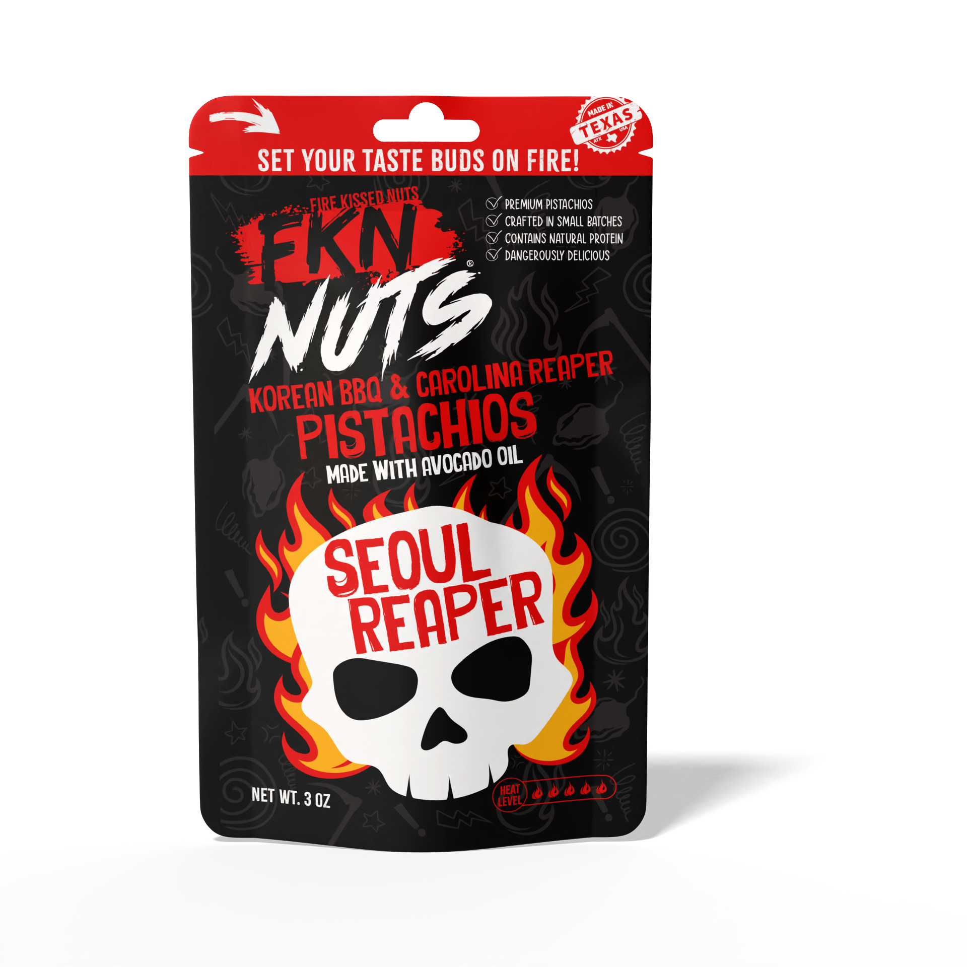 Carolina Reaper Korean BBQ in-shell pistachio bag — FKN Nuts hottest spicy pistachio snack