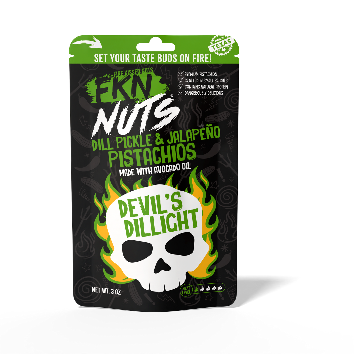 Devil's Dillight dill pickle jalapeño in-shell spicy pistachios bag — bold flavored pistachio snack