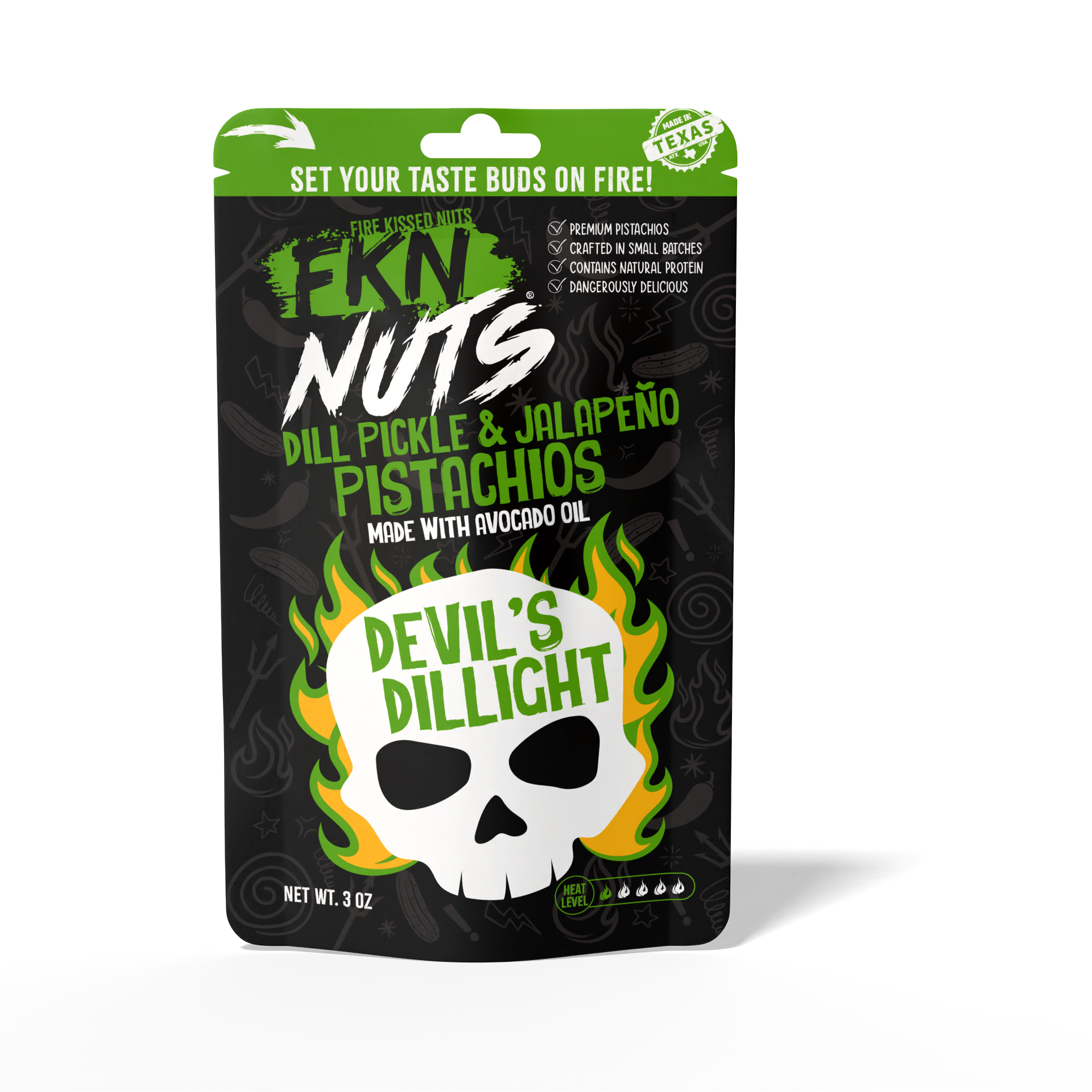 Devil's Dillight dill pickle jalapeño in-shell spicy pistachios bag — bold flavored pistachio snack