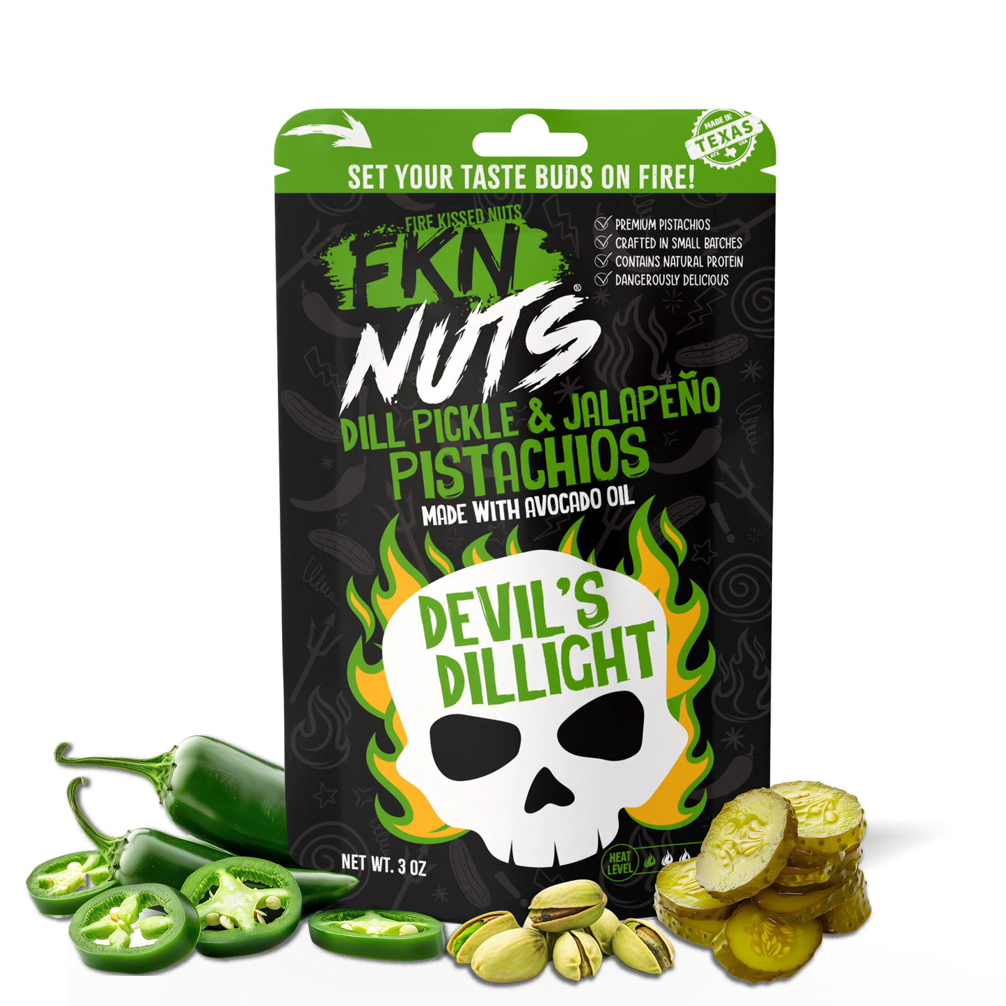 Dill Pickle Pistachios with Jalapeño | Devil's Dillight | FKN Nuts
