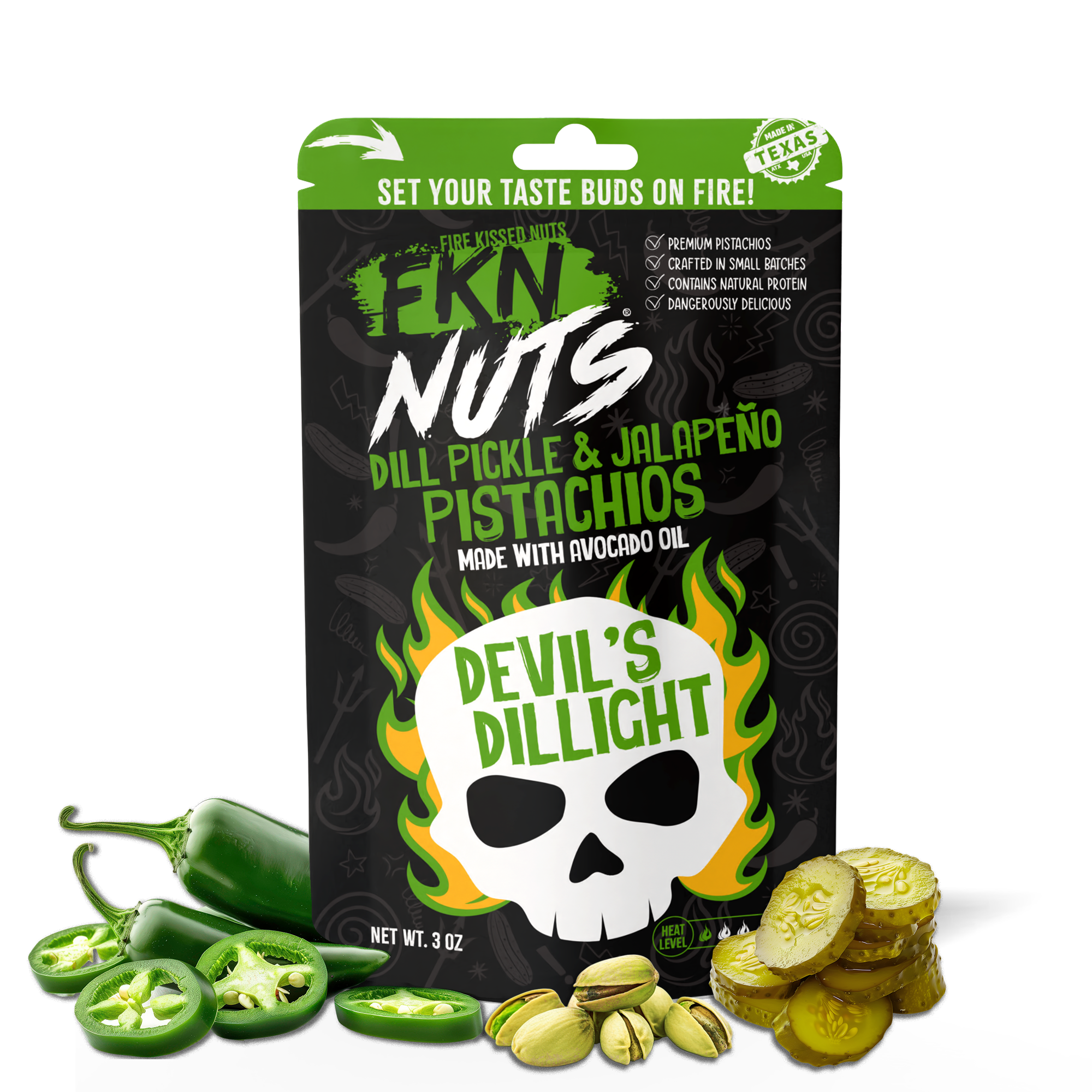 Bold dill pickle jalapeño in-shell pistachios — FKN Nuts spicy pistachio snack made in Texas