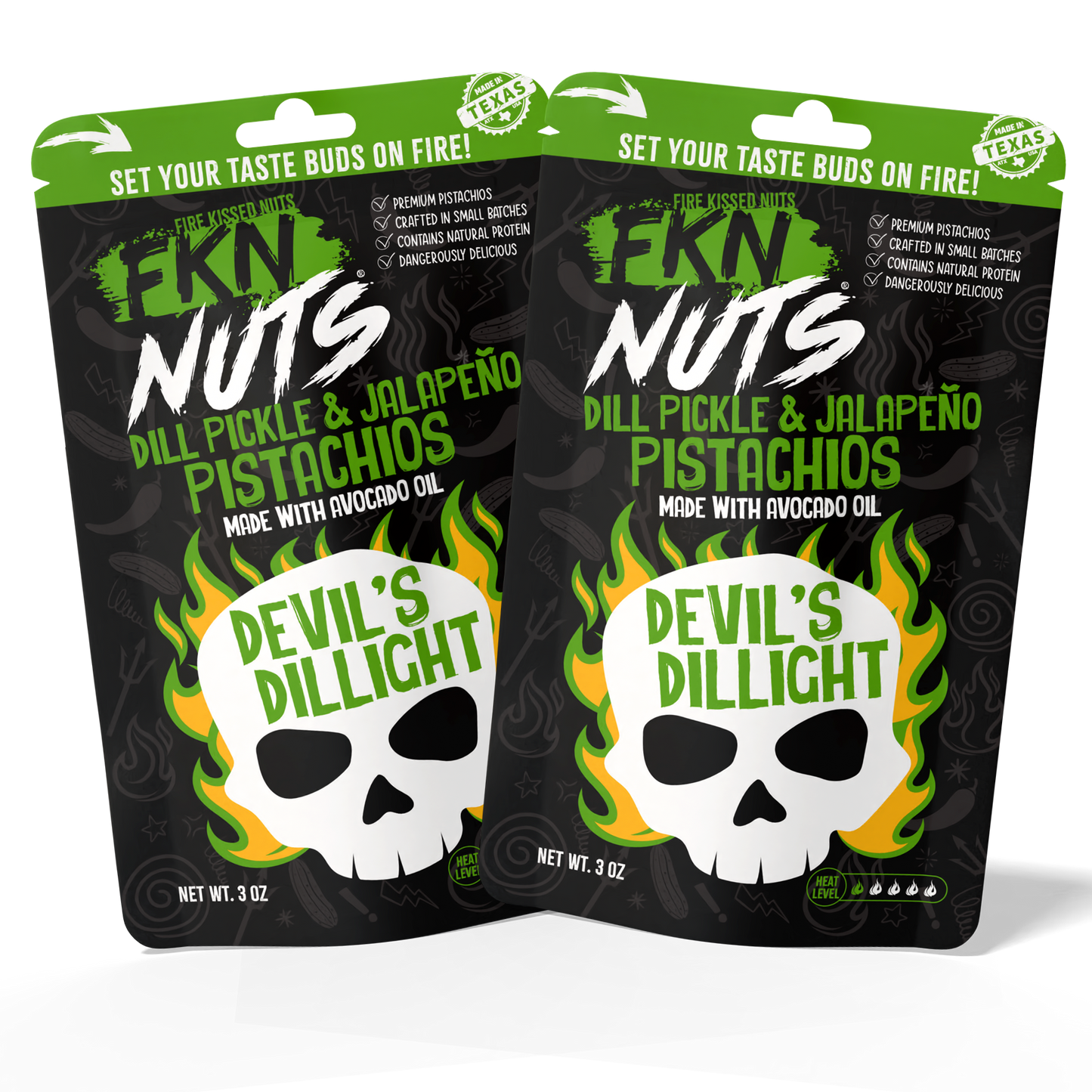 Buy 2 bags of Devil's Dillight dill pickle jalapeño in-shell spicy pistachios — FKN Nuts multipack