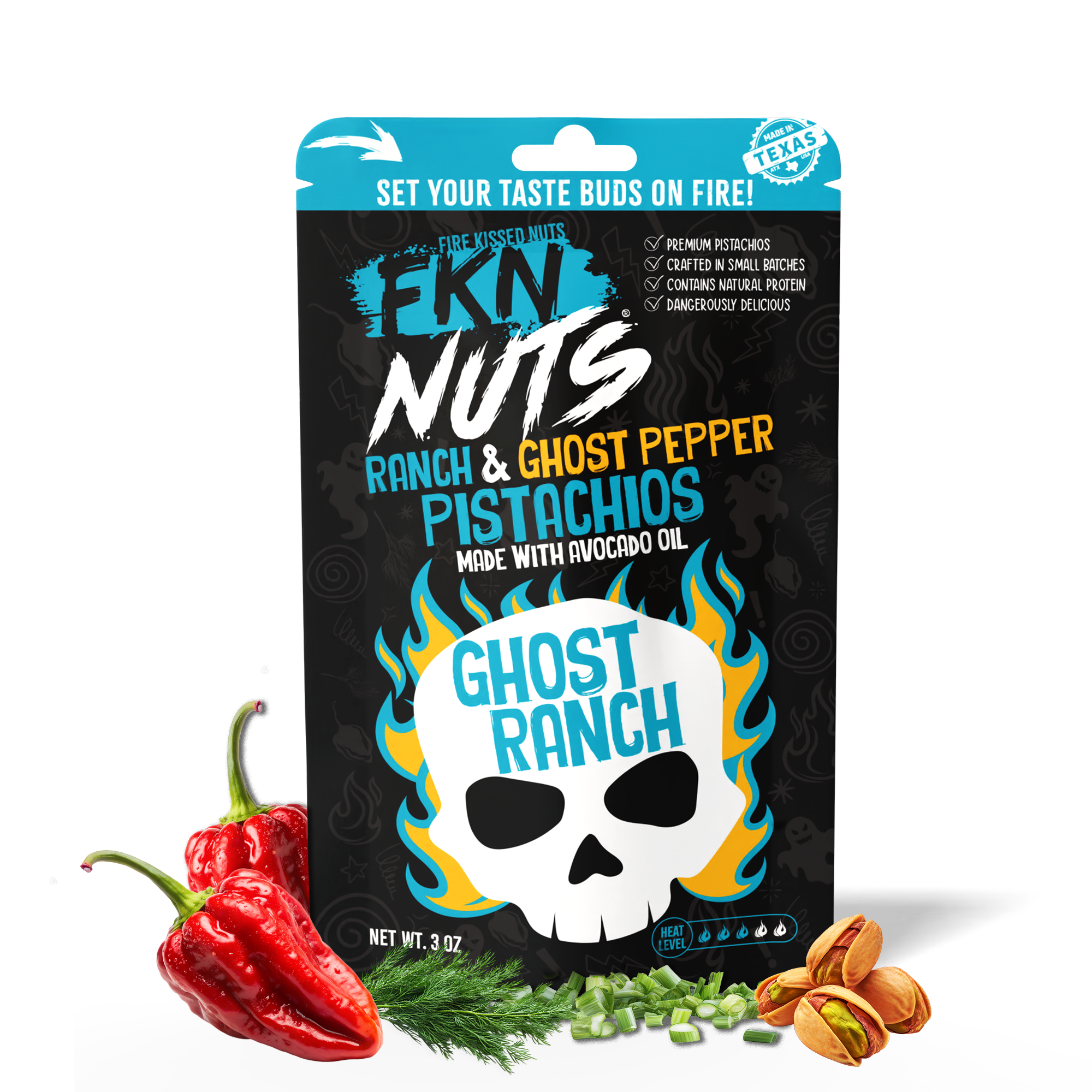Ghost Ranch ghost pepper ranch in-shell spicy pistachios — FKN Nuts bold flavored pistachio snack Texas