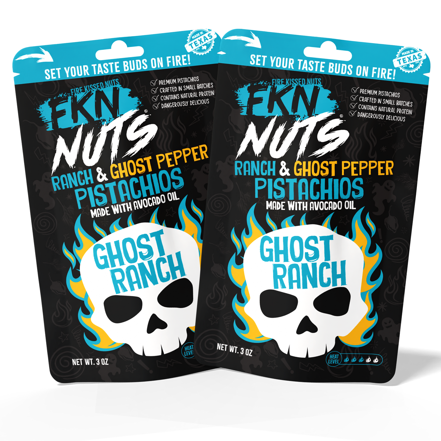 2-bag ghost pepper ranch spicy pistachio pack — bold flavored in-shell pistachios from FKN Nuts