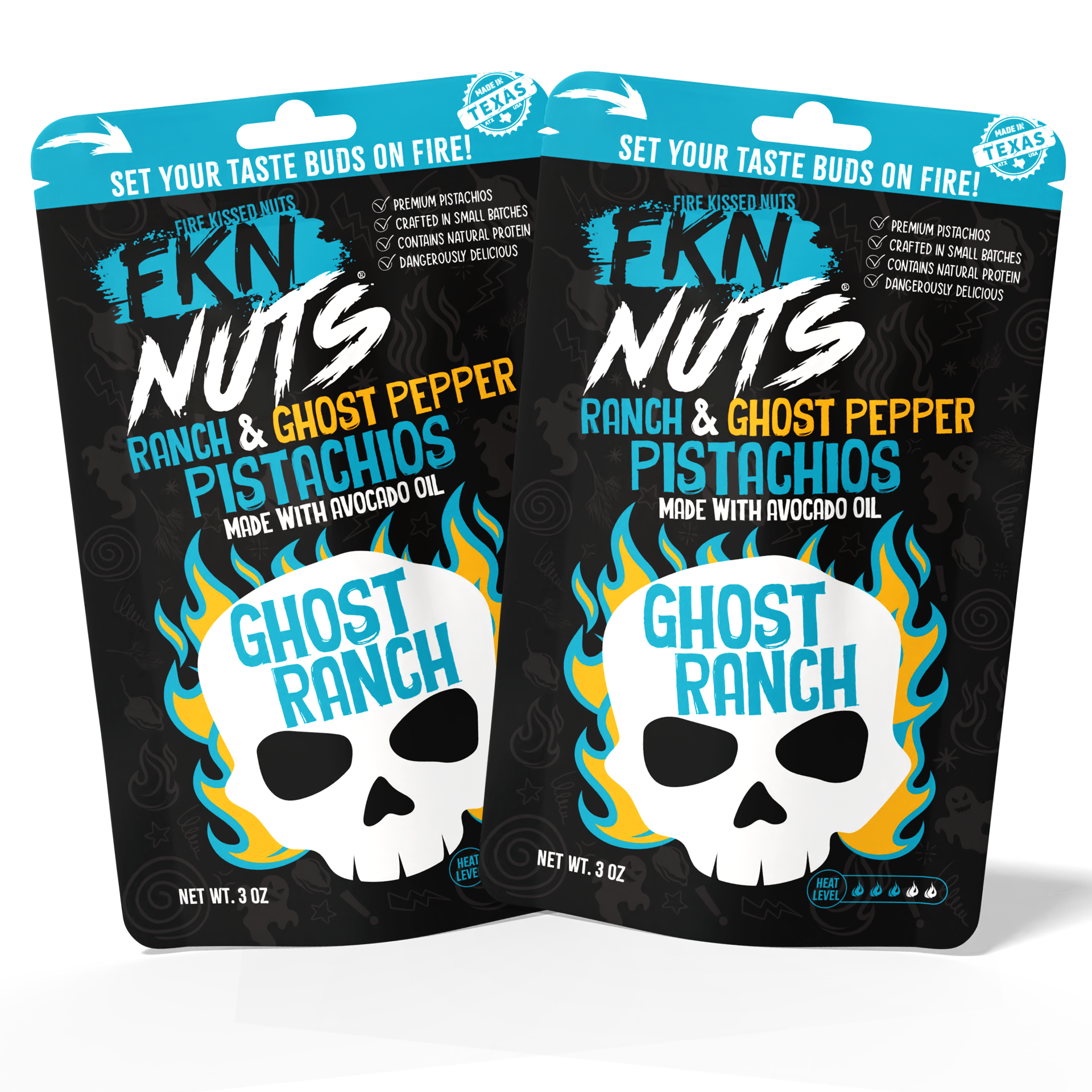 2-bag ghost pepper ranch spicy pistachio pack — bold flavored in-shell pistachios from FKN Nuts