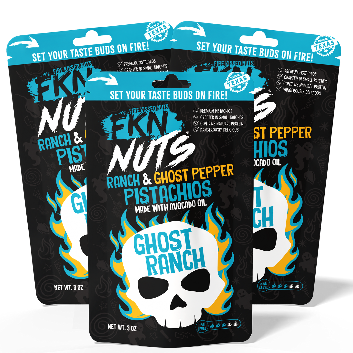 3-bag ghost pepper ranch in-shell spicy pistachio value pack — FKN Nuts best spicy pistachio snack