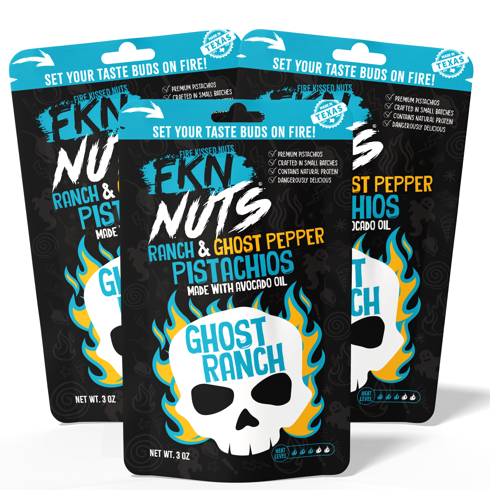 3-bag ghost pepper ranch in-shell spicy pistachio value pack — FKN Nuts best spicy pistachio snack