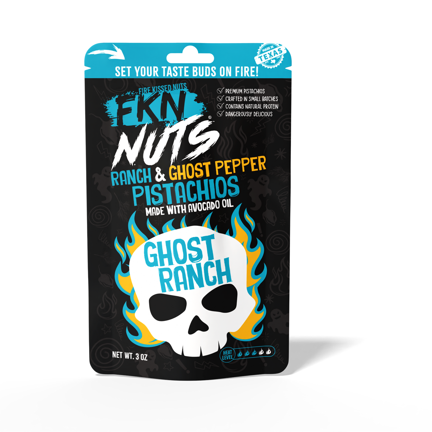 Ghost pepper ranch in-shell pistachio bag — FKN Nuts spicy pistachio snack with real ghost pepper heat