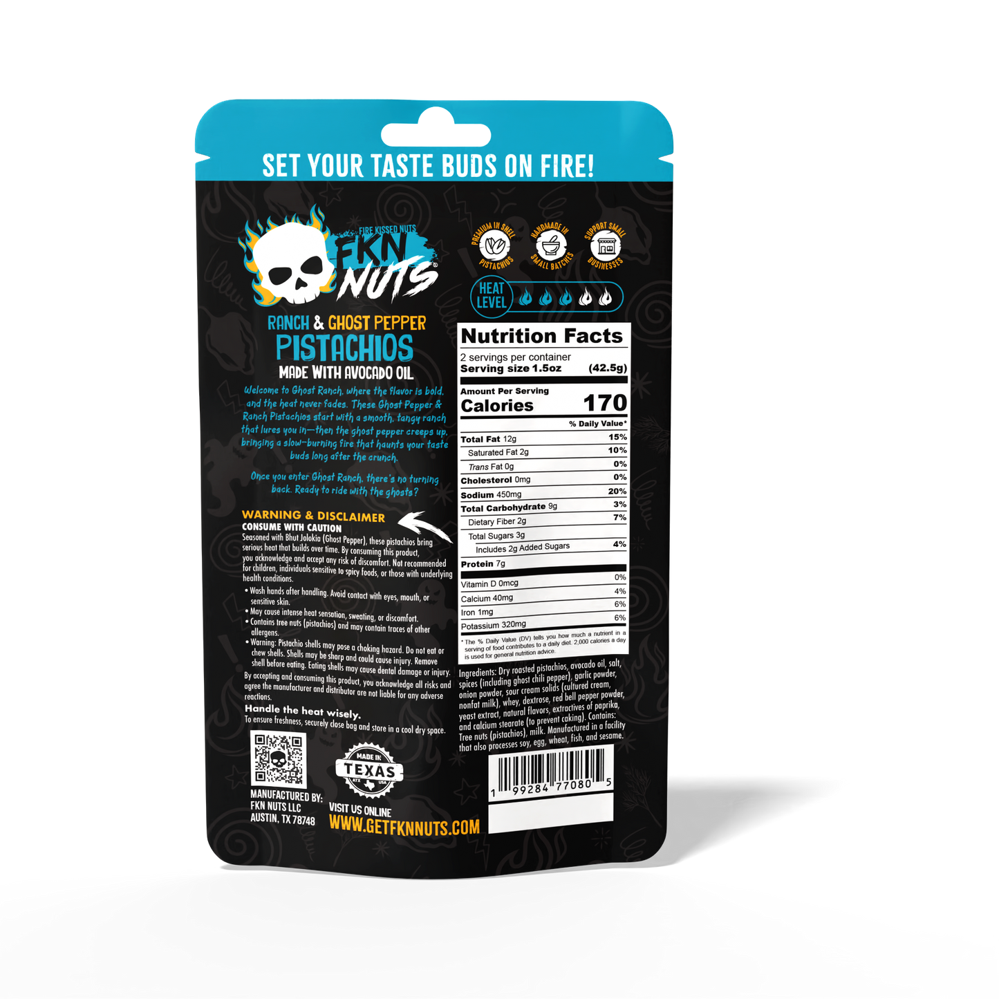 Ghost Ranch ghost pepper ranch pistachios nutrition facts and ingredients — FKN Nuts spicy pistachio