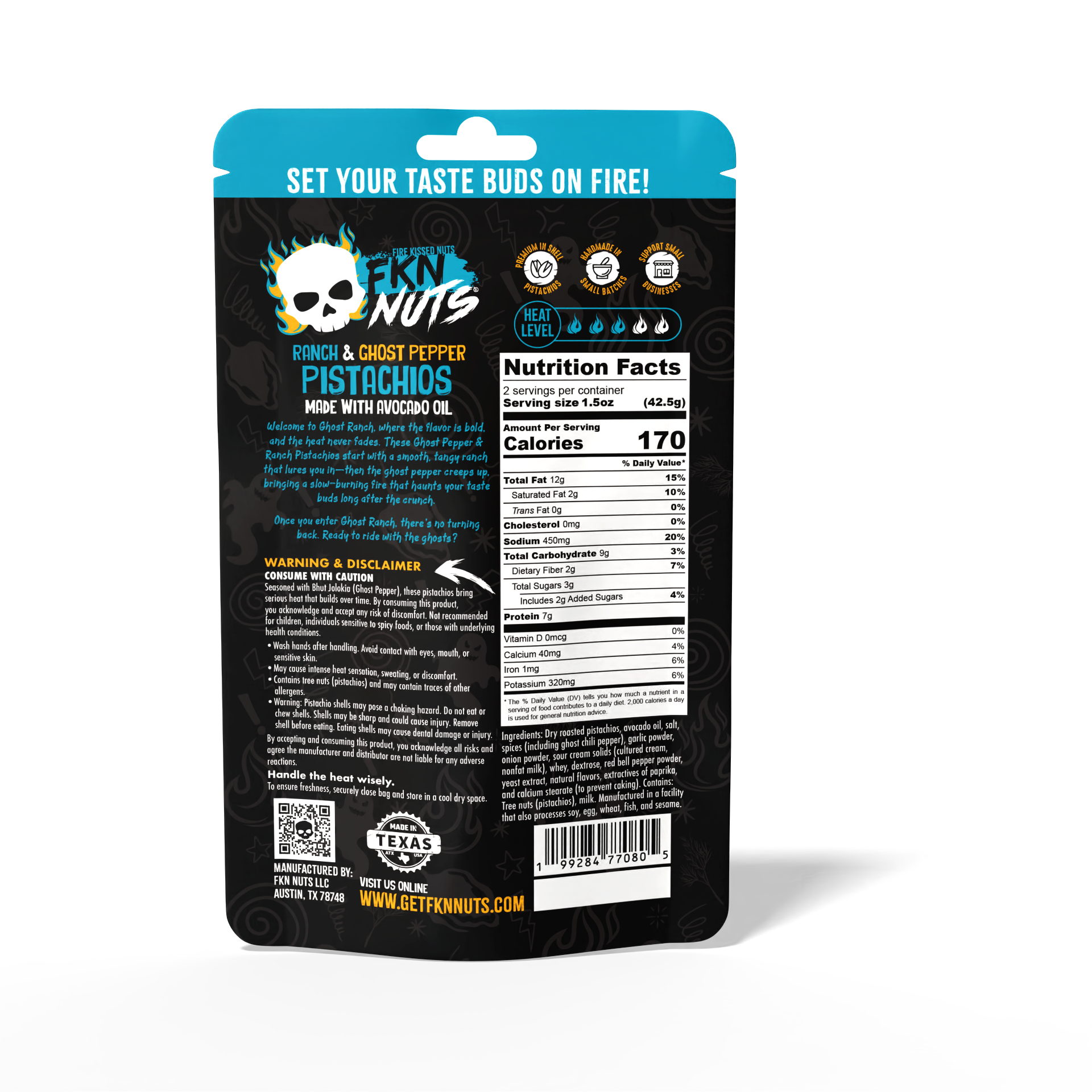 Ghost Ranch ghost pepper ranch pistachios nutrition facts and ingredients — FKN Nuts spicy pistachio